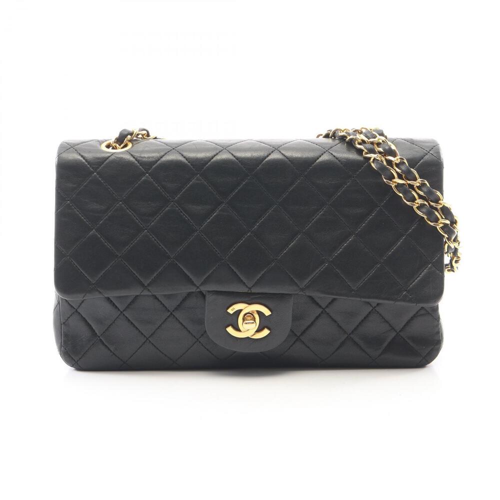 Chanel Matelasse Double Flap Shoulder Bag Lambskin Sheepskin Black